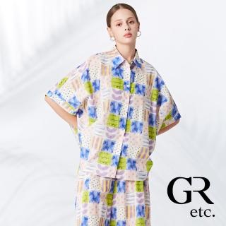 【GLORY21】品牌魅力款-etc.簡約拼色印花連袖造型襯衫(米白)