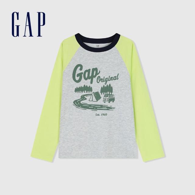 【GAP】男童裝 Logo印花圓領長袖T恤-黃灰撞色(891991)