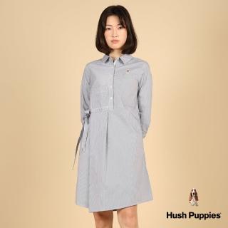 【Hush Puppies】女裝 洋裝 細條紋綁帶七分袖襯衫領洋裝(丈青 / 43215102)