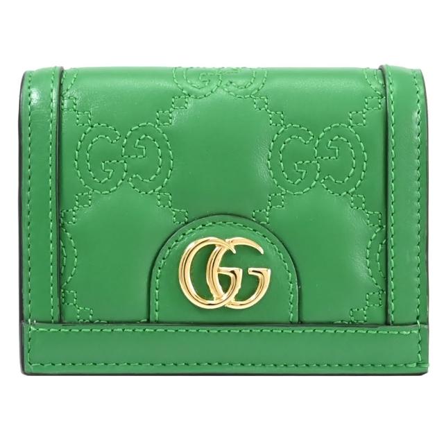 【GUCCI 古馳】經典雙G LOGO絎縫G緹花對折扣式零錢短夾(綠)
