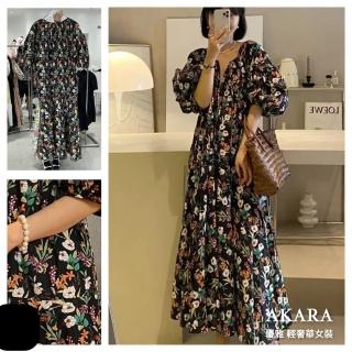 【AKARA】韓系造型燈籠袖麥芽花長裙洋裝