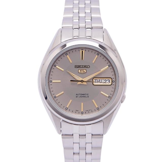 【SEIKO 精工】五號機機芯機械不鏽鋼錶帶手錶-灰面x金色/37mm(SNKL19K1)