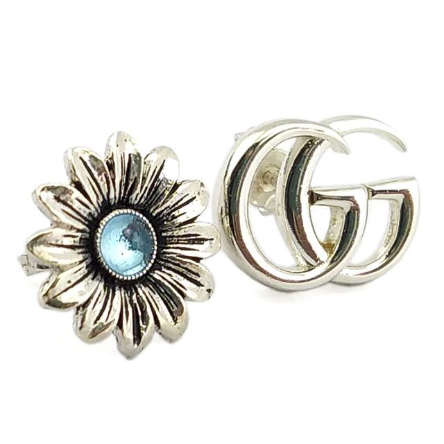 【GUCCI 古馳】925純銀-雙G與藍色托帕石花朵不對稱耳環