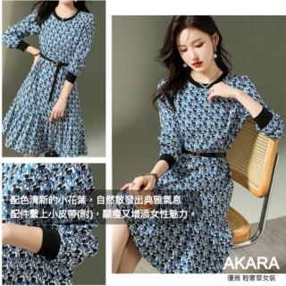 【AKARA】清新小花葉藍彩長袖洋裝