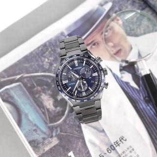 【CITIZEN 星辰】光動能 萬年曆 電波錶 藍寶石水晶玻璃 日期 鈦金屬手錶 藍x鍍黑 42mm(CB5967-66L)