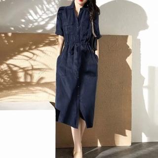 【JC Collection】洋裝法式工裝通勤氣質扣子收腰繫帶口袋連衣裙(藏藍)