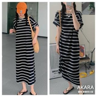 【AKARA】韓系自在穿條紋連身裙
