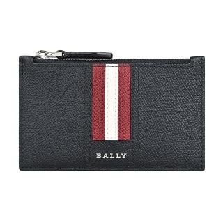 【BALLY】BALLY TENLEY銀字LOGO防刮牛皮4卡拉鍊卡夾(黑x紅白紅條紋)