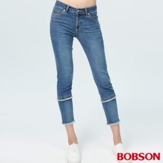 【BOBSON】女款中腰剪接毛鬚褲口直筒褲(8188-53)