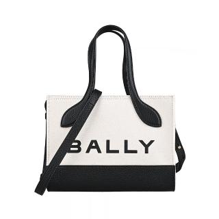 【BALLY】BALLY BAR Keep On XS字母印花LOGO帆布拼接牛皮釦式手提斜背兩用包(白x黑)