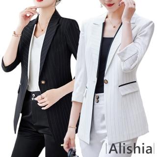 【Alishia】時尚氣質薄款條紋顯瘦七分袖西裝外套 M-3XL(現+預 白色 / 黑色)