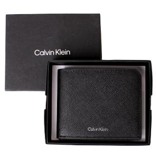 【Calvin Klein 凱文克萊】CK燙銀LOGO防刮皮革多卡片層男短夾/皮夾(經典黑)