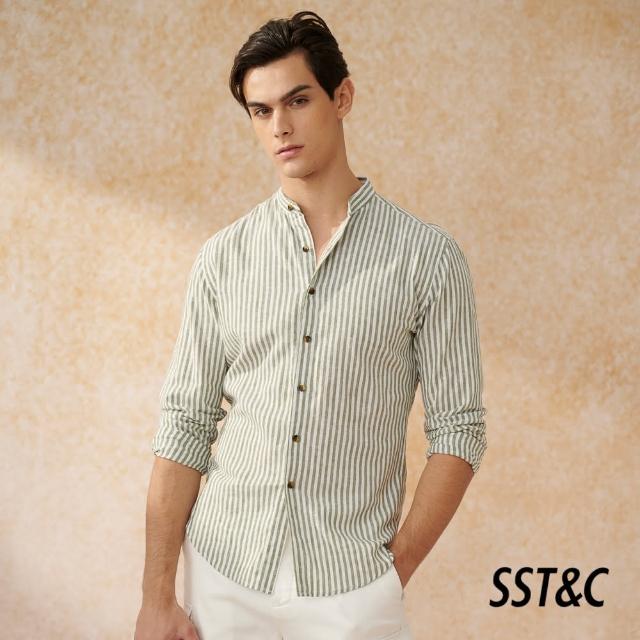【SST&C 新品上市】質感棉麻 綠色條紋標準版棉麻襯衫0312403019