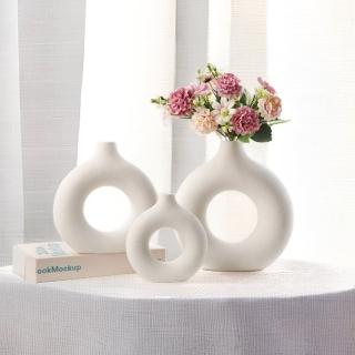【PURARE】北歐風圓圈陶瓷素燒花瓶 磨砂環形花器 簡約家居裝飾(小號)