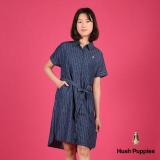 【Hush Puppies】女裝 洋裝 直條紋寬袖暗門襟腰綁帶休閒牛仔洋裝(深藍 / 43215101)