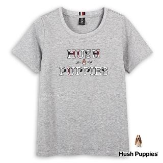 【Hush Puppies】女裝 T恤 經典格紋配色矽膠品牌英文刺繡狗T恤(麻灰 / 43211210)