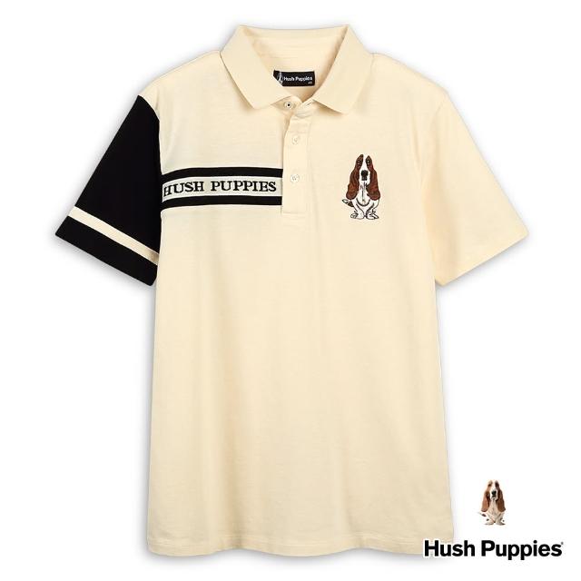【Hush Puppies】男裝 POLO 剪接配色品牌織帶刺繡狗短袖POLO衫(淺卡其 / 43101109)