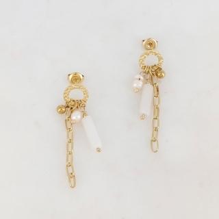 【Dinner collection】白玉石珍珠長鍊條耳環