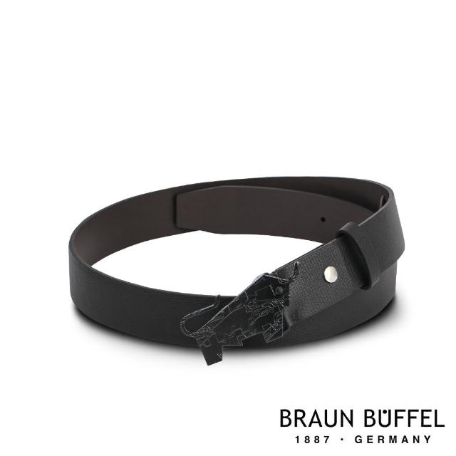 【BRAUN BUFFEL 德國小金牛】台灣總代理 沉穩紳士時尚造型LOGO釘扣式皮帶-掃黑色(BF21B-HUY02444-SBK)