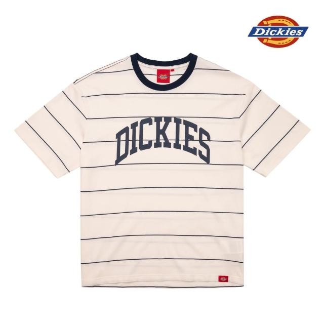 【Dickies】男女款奶油色條紋純棉胸前弧型Logo寬鬆短袖T恤｜DK0A87DBC10