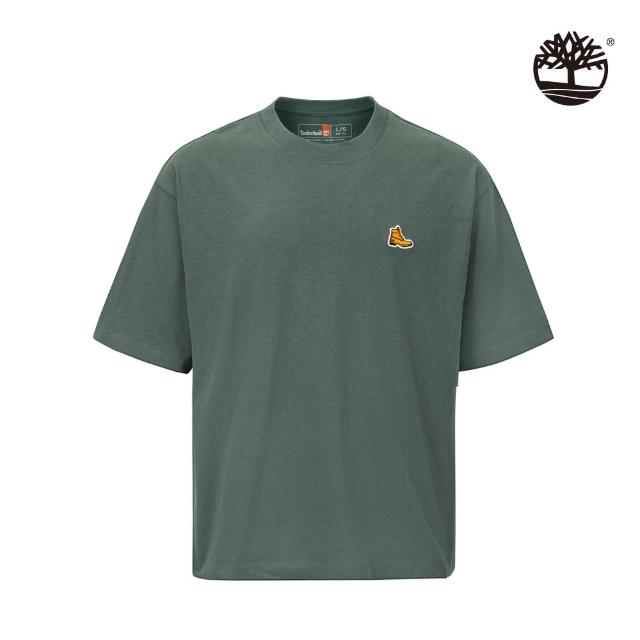 【Timberland】中性款深綠色刺繡徽標厚磅短袖T恤(A5Z5U392)