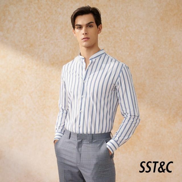 【SST&C 新品９折】舒適純棉 藍白條紋立領標準版襯衫0312402008