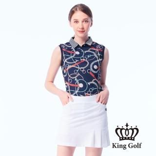 【KING GOLF】實體同步款-女款鎖鏈印花LOGO刺繡涼感背心POLO衫/高爾夫球衫(深藍)