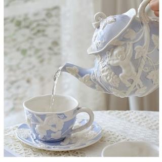 【JEN】英式復古浮雕陶瓷天使下午茶一壺二杯茶具組(2色可選)