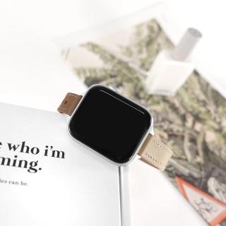 【Watchband】Apple Watch 全系列通用錶帶 蘋果手錶替用錶帶 雙釘扣 雙色真皮錶帶(褐x杏色)