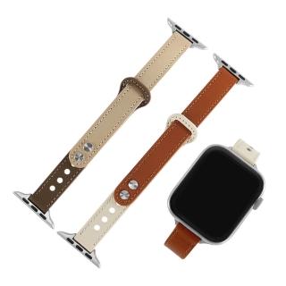 【Watchband】Apple Watch 全系列通用錶帶 蘋果手錶替用錶帶 雙釘扣 雙色真皮錶帶(米白x棕色/褐x杏色)