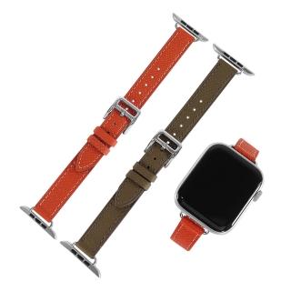 【Watchband】Apple Watch 全系列通用錶帶 蘋果手錶替用錶帶 荔枝皮紋 同寬真皮錶帶(灰綠色/橘色)