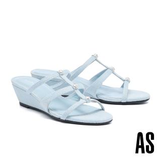 【AS 集團】高雅時尚水鑽珍珠鉚釘布細帶楔型低跟拖鞋(藍)