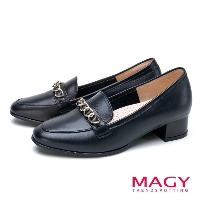 【MAGY】穿皮鍊牛皮粗跟樂福鞋(黑色)