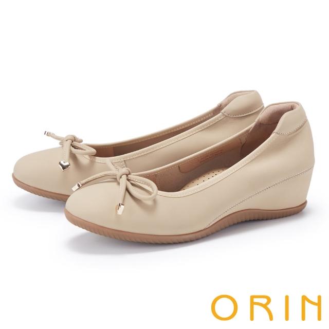 【ORIN】細版蝴蝶結絲綢羊皮中跟鞋(杏色)