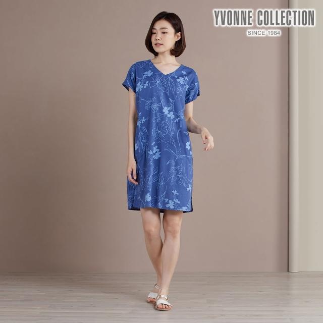 【YVONNE 以旺傢飾】天絲麻印花短袖洋裝(藍)