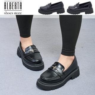 【Alberta】MIT 台灣製 跟高4cm 素面黑皮鞋 樂福鞋 厚底鞋 菱形標誌 2色