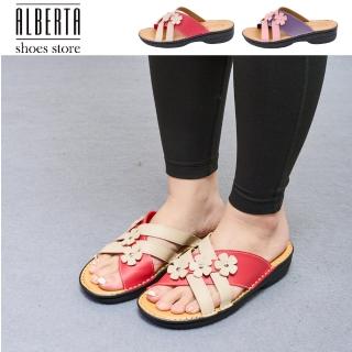 【Alberta】MIT台灣製 跟高3.5cm 小花朵撞色線條 細工縫線厚底拖鞋 涼拖鞋 2色