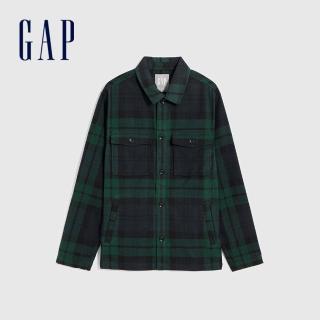【GAP】男裝 翻領長袖襯衫-藍綠格子(787683)