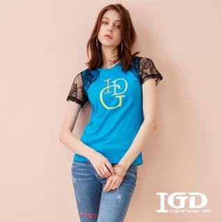 【IGD 英格麗】網路獨賣款-IGD彩色字母蕾絲棉T(藍色)