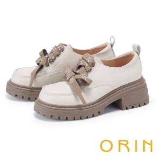 【ORIN】復古法式綁帶牛皮厚底樂福鞋(米色)