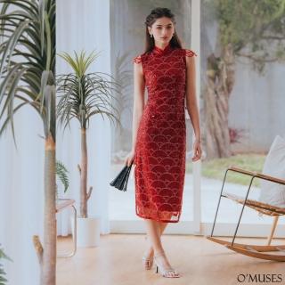 【OMUSES】手工蕾絲珠飾亮片紅色旗袍禮服洋裝17-7175(S-3L)