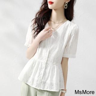 【MsMore】優雅娃娃衫氣質精緻知性時尚休閒寬鬆韓版襯衫短袖短版上衣#120665(白)