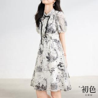 【初色】立領中式改良旗袍盤扣短袖印花連身裙洋裝長洋裝-花色-33521(M-2XL可選)