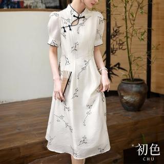 【初色】新中式復古改良旗袍立領盤扣短袖繡花刺繡中長裙連身洋裝連身裙洋裝-白色-33518(M-2XL可選)