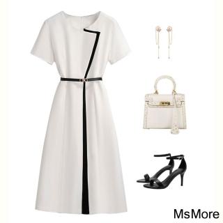 【MsMore】設計師拼接連身裙OL氣質簡約A字收腰短袖長版洋裝#120679(白/黑)