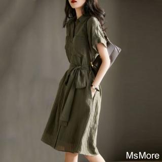 【MsMore】連身裙時尚流行豎向肌理感工裝風系帶顯瘦短袖中長版洋裝#120680(綠/藏青)