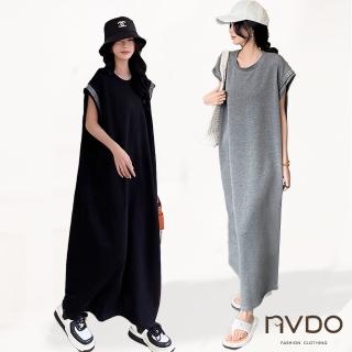 【NVDO】大尺碼亮絲小飛袖寬鬆休閒長裙-兩色可選(XL-3XL/短袖洋裝/F139)