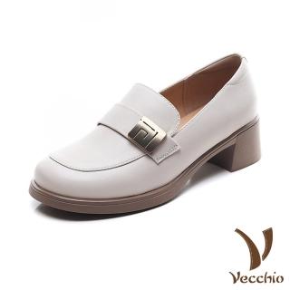 【Vecchio】真皮跟鞋 粗跟跟鞋/全真皮小羊皮典雅回字釦設計粗跟鞋(米)