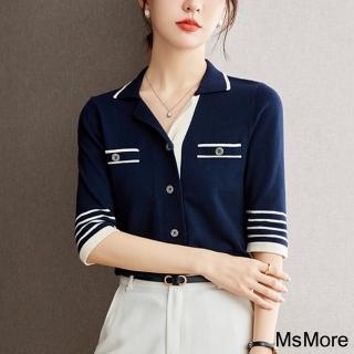 【MsMore】藍白條紋POLO領透氣針織衫短袖假口袋小香風短版上衣#121302(藏青)