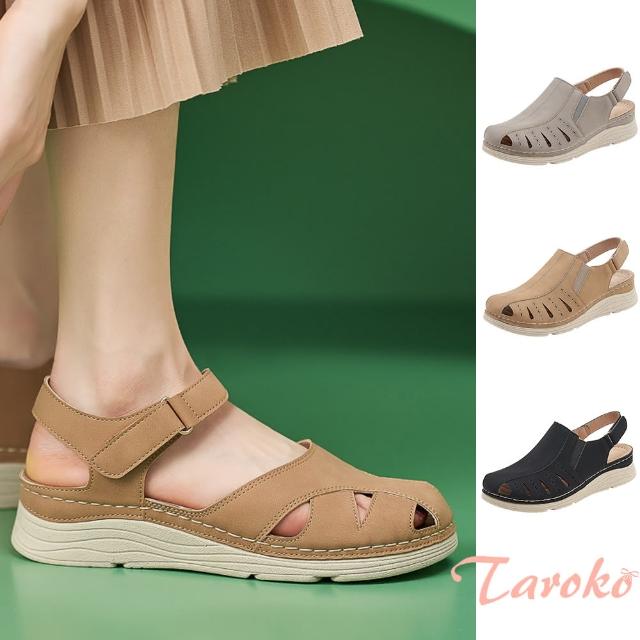 【Taroko】羅馬包頭魔術貼時尚坡跟涼拖鞋(3色可選)